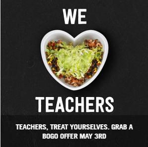 BOGO FREE Burritos, Bowls, Salads, or Orders of Tacos for Teachers at Chipotle